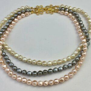 Vintage Avon Creamy White, Grey & Pink Triple Row Faux Pearl Necklace 17.5" L
